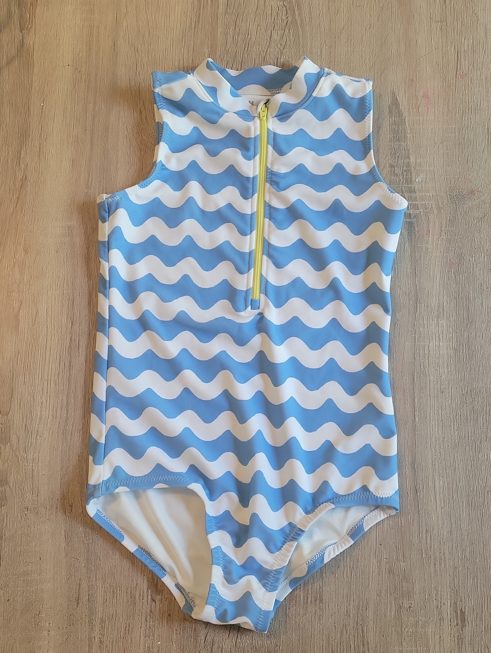 Primary Blue & White Wave Print Zip-Front Swimsuit Size 6-7